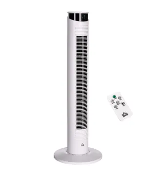 Ventilador de Torre Oscilante 45W con Control Remoto Temporizador de 12 h 3 Velocidades Pantalla LED Ø31,5x93 cm Blanco