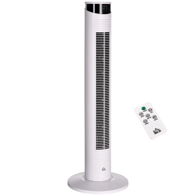 Ventilador de Torre Oscilante 45W con Control Remoto Temporizador de 12 h 3 Velocidades Pantalla LED Ø31,5x93 cm Blanco