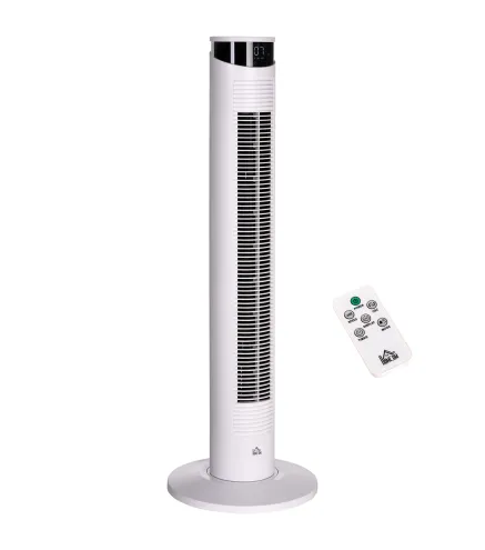 Ventilador de Torre Oscilante 45W con Control Remoto Temporizador de 12 h 3 Velocidades Pantalla LED Ø31,5x93 cm Blanco