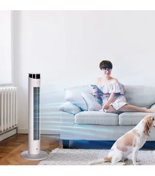 Ventilador de Torre Oscilante 45W con Control Remoto Temporizador de 12 h 3 Velocidades Pantalla LED Ø31,5x93 cm Blanco