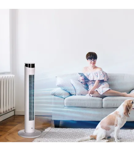 Ventilador de Torre Oscilante 45W con Control Remoto Temporizador de 12 h 3 Velocidades Pantalla LED Ø31,5x93 cm Blanco