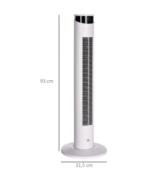 Ventilador de Torre Oscilante 45W con Control Remoto Temporizador de 12 h 3 Velocidades Pantalla LED Ø31,5x93 cm Blanco
