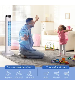 Ventilador de Torre Oscilante 45W con Control Remoto Temporizador de 12 h 3 Velocidades Pantalla LED Ø31,5x93 cm Blanco