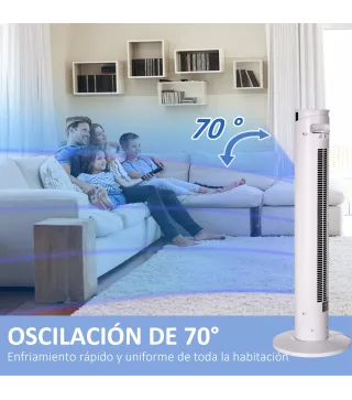 Ventilador de Torre Oscilante 45W con Control Remoto Temporizador de 12 h 3 Velocidades Pantalla LED Ø31,5x93 cm Blanco