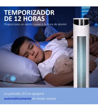 Ventilador de Torre Oscilante 45W con Control Remoto Temporizador de 12 h 3 Velocidades Pantalla LED Ø31,5x93 cm Blanco