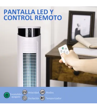 Ventilador de Torre Oscilante 45W con Control Remoto Temporizador de 12 h 3 Velocidades Pantalla LED Ø31,5x93 cm Blanco