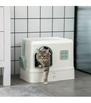 Arenero Cerrado para Gatos Caja de Arena para Gatos con Bandeja Extraíble Pala y Filtro Desodorizante 50x40x40 cm Blanco