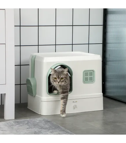 Arenero Cerrado para Gatos Caja de Arena para Gatos con Bandeja Extraíble Pala y Filtro Desodorizante 50x40x40 cm Blanco