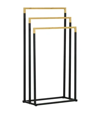 Toallero de Pie Escalonado con 3 Barras de Bambú y Marco de Acero para Baño Lavadero 45x22,5x86 cm Negro y Natural