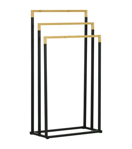 Toallero de Pie Escalonado con 3 Barras de Bambú y Marco de Acero para Baño Lavadero 45x22,5x86 cm Negro y Natural