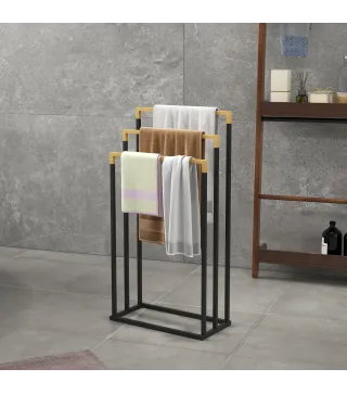 Toallero de Pie Escalonado con 3 Barras de Bambú y Marco de Acero para Baño Lavadero 45x22,5x86 cm Negro y Natural