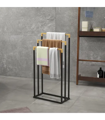 Toallero de Pie Escalonado con 3 Barras de Bambú y Marco de Acero para Baño Lavadero 45x22,5x86 cm Negro y Natural