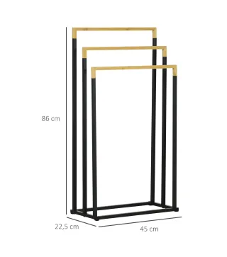 Toallero de Pie Escalonado con 3 Barras de Bambú y Marco de Acero para Baño Lavadero 45x22,5x86 cm Negro y Natural