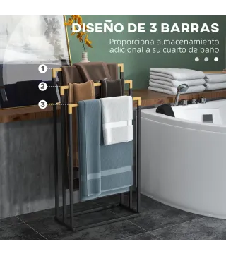 Toallero de Pie Escalonado con 3 Barras de Bambú y Marco de Acero para Baño Lavadero 45x22,5x86 cm Negro y Natural