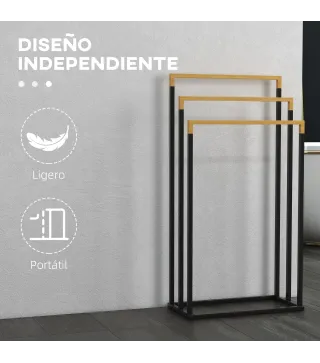 Toallero de Pie Escalonado con 3 Barras de Bambú y Marco de Acero para Baño Lavadero 45x22,5x86 cm Negro y Natural