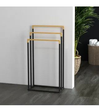 Toallero de Pie Escalonado con 3 Barras de Bambú y Marco de Acero para Baño Lavadero 45x22,5x86 cm Negro y Natural