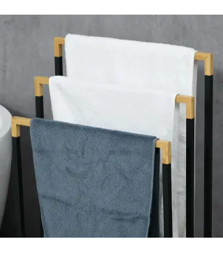 Toallero de Pie Escalonado con 3 Barras de Bambú y Marco de Acero para Baño Lavadero 45x22,5x86 cm Negro y Natural