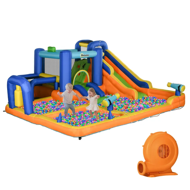 Castillo Hinchable Infantil con Tobogán Piscina Muro de Escalada Inflador y Bolsa de Transporte 430x420x200cm Multicolor