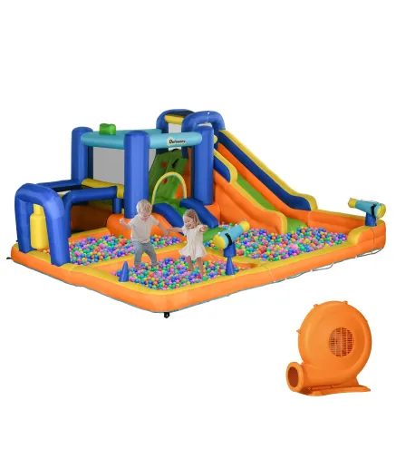Castillo Hinchable Infantil con Tobogán Piscina Muro de Escalada Inflador y Bolsa de Transporte 430x420x200cm Multicolor