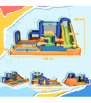 Castillo Hinchable Infantil con Tobogán Piscina Muro de Escalada Inflador y Bolsa de Transporte 430x420x200cm Multicolor