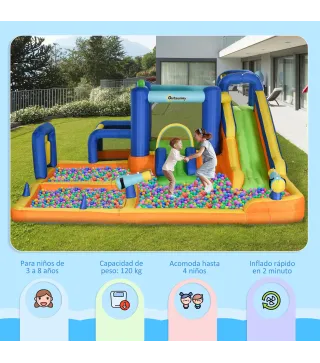 Castillo Hinchable Infantil con Tobogán Piscina Muro de Escalada Inflador y Bolsa de Transporte 430x420x200cm Multicolor
