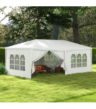 Cenador Desmontable de Exterior 6x3 m con 4 Ventanas 2 Puertas con Cremallera 6 Paredes Laterales e Impermeable Blanco