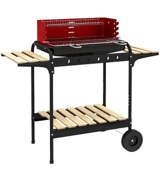Barbacoa de Carbón con Ruedas Parrilla Ajustable en Altura Estantes y 6 Ganchos 103x47x95 cm Rojo y Negro