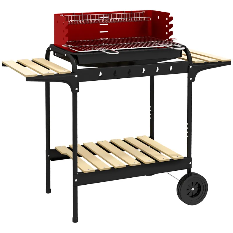 Barbacoa de Carbón con Ruedas Parrilla Ajustable en Altura Estantes y 6 Ganchos 103x47x95 cm Rojo y Negro Barbacoa de Carbón con Ruedas Parrilla Ajustable en Altura Estantes y 6 Ganchos 103x47x95 cm Rojo y Negro