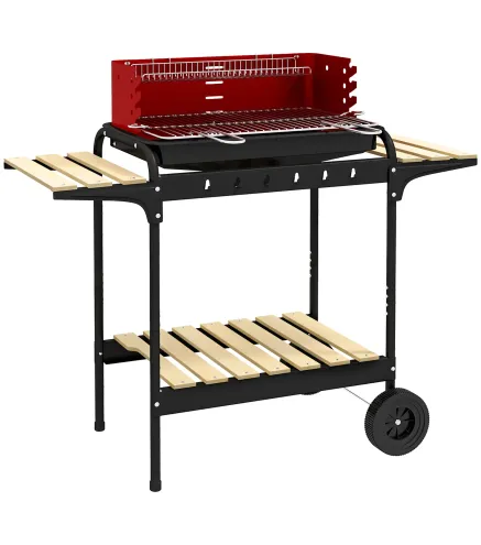 Barbacoa de Carbón con Ruedas Parrilla Ajustable en Altura Estantes y 6 Ganchos 103x47x95 cm Rojo y Negro
