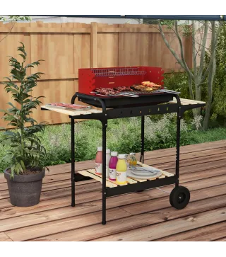 Barbacoa de Carbón con Ruedas Parrilla Ajustable en Altura Estantes y 6 Ganchos 103x47x95 cm Rojo y Negro