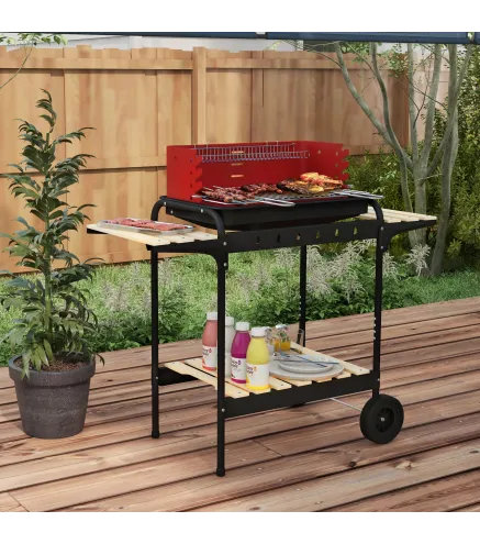 Barbacoa de Carbón con Ruedas Parrilla Ajustable en Altura Estantes y 6 Ganchos 103x47x95 cm Rojo y Negro