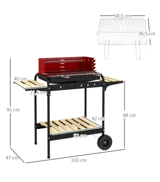 Barbacoa de Carbón con Ruedas Parrilla Ajustable en Altura Estantes y 6 Ganchos 103x47x95 cm Rojo y Negro