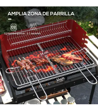 Barbacoa de Carbón con Ruedas Parrilla Ajustable en Altura Estantes y 6 Ganchos 103x47x95 cm Rojo y Negro