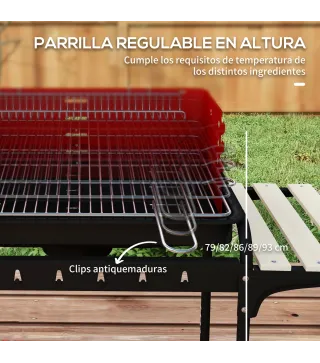 Barbacoa de Carbón con Ruedas Parrilla Ajustable en Altura Estantes y 6 Ganchos 103x47x95 cm Rojo y Negro