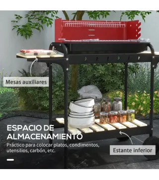 Barbacoa de Carbón con Ruedas Parrilla Ajustable en Altura Estantes y 6 Ganchos 103x47x95 cm Rojo y Negro