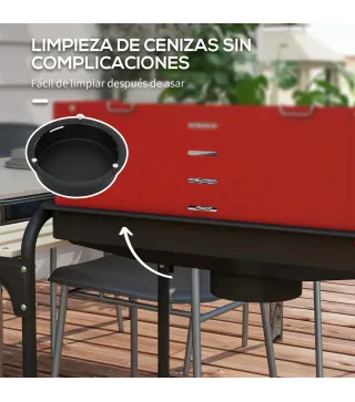 Barbacoa de Carbón con Ruedas Parrilla Ajustable en Altura Estantes y 6 Ganchos 103x47x95 cm Rojo y Negro