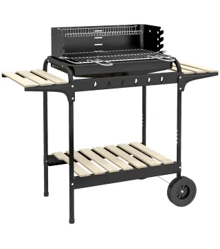 Barbacoa de Carbón con Ruedas Parrilla Ajustable en Altura Estantes y 6 Ganchos 103x47x95 cm Negro