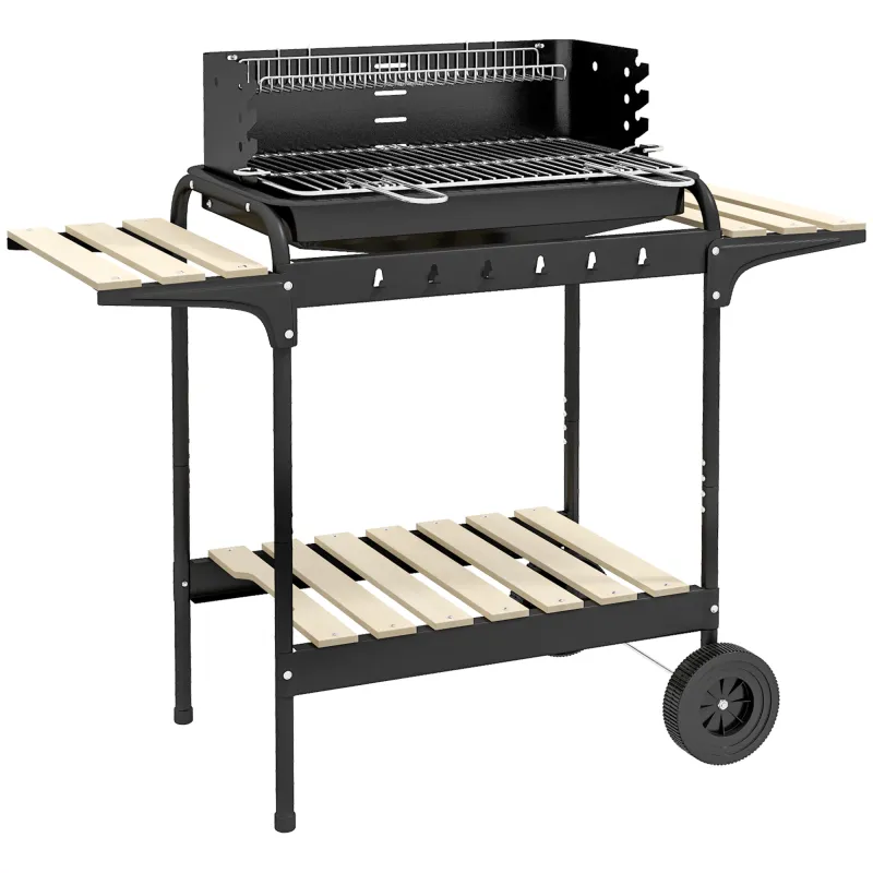 Barbacoa de Carbón con Ruedas Parrilla Ajustable en Altura Estantes y 6 Ganchos 103x47x95 cm Negro Barbacoa de Carbón con Ruedas Parrilla Ajustable en Altura Estantes y 6 Ganchos 103x47x95 cm Negro