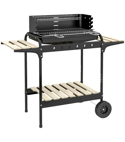 Barbacoa de Carbón con Ruedas Parrilla Ajustable en Altura Estantes y 6 Ganchos 103x47x95 cm Negro