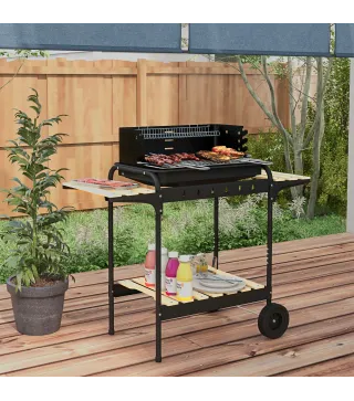 Barbacoa de Carbón con Ruedas Parrilla Ajustable en Altura Estantes y 6 Ganchos 103x47x95 cm Negro