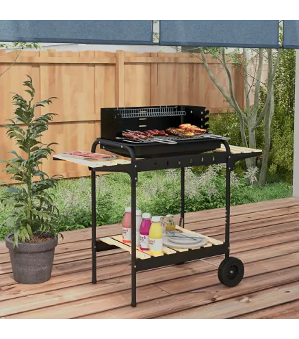 Barbacoa de Carbón con Ruedas Parrilla Ajustable en Altura Estantes y 6 Ganchos 103x47x95 cm Negro