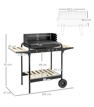 Barbacoa de Carbón con Ruedas Parrilla Ajustable en Altura Estantes y 6 Ganchos 103x47x95 cm Negro