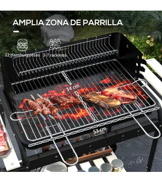 Barbacoa de Carbón con Ruedas Parrilla Ajustable en Altura Estantes y 6 Ganchos 103x47x95 cm Negro