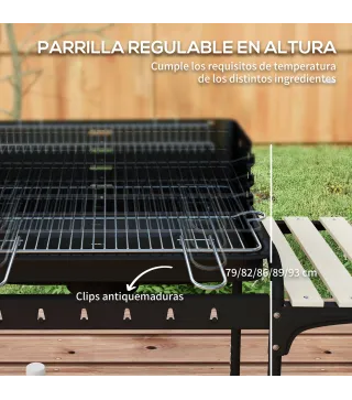Barbacoa de Carbón con Ruedas Parrilla Ajustable en Altura Estantes y 6 Ganchos 103x47x95 cm Negro