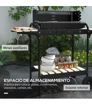 Barbacoa de Carbón con Ruedas Parrilla Ajustable en Altura Estantes y 6 Ganchos 103x47x95 cm Negro