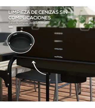 Barbacoa de Carbón con Ruedas Parrilla Ajustable en Altura Estantes y 6 Ganchos 103x47x95 cm Negro