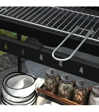 Barbacoa de Carbón con Ruedas Parrilla Ajustable en Altura Estantes y 6 Ganchos 103x47x95 cm Negro