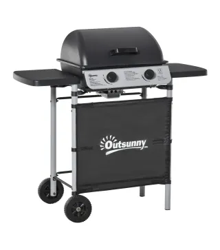 Barbacoa de Gas con 2 Quemadores 5,6 KW 2 Ruedas 2 Mesas Laterales y Parrillas de Acero 104x49x99 cm Negro
