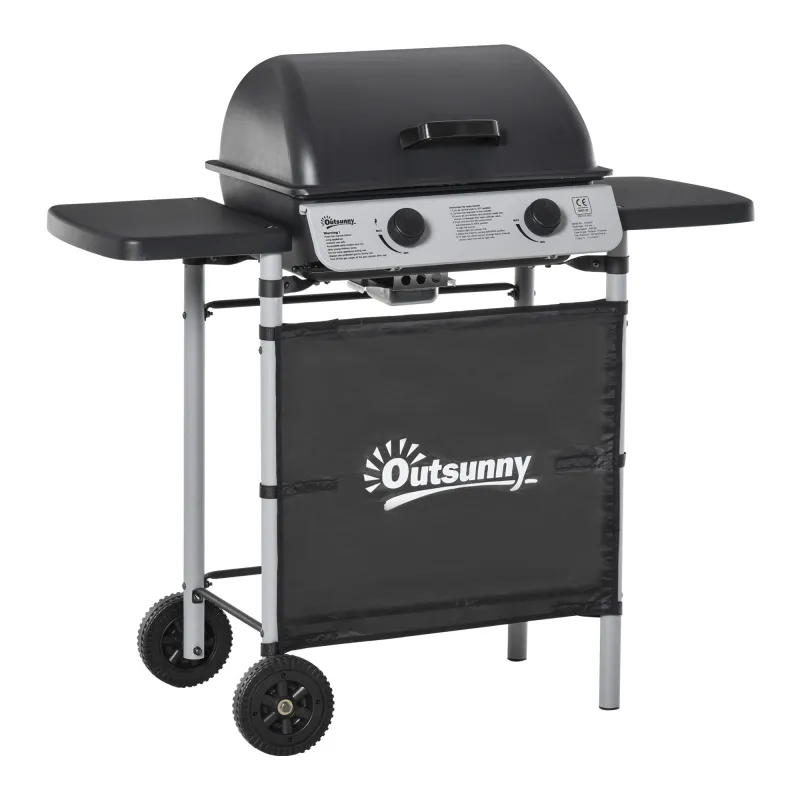 Barbacoa de Gas con 2 Quemadores 5,6 KW 2 Ruedas 2 Mesas Laterales y Parrillas de Acero 104x49x99 cm Negro