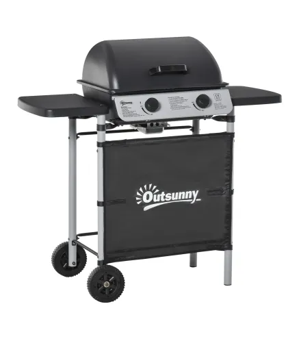 Barbacoa de Gas con 2 Quemadores 5,6 KW 2 Ruedas 2 Mesas Laterales y Parrillas de Acero 104x49x99 cm Negro